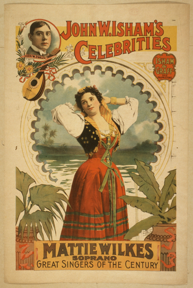 Ein Plakat mit einer Frau in einem weißen Kleid mit einem gemusterten Schultertuch und einem Mann mit verschränkten Armen, beide mit ernsten Gesichtern und ordentlichen Buns, vor einem tiefblauen sternenklaren Hintergrund, mit der Aufschrift "John Wisham's Prominenten - Mattie Wilkes - Große Sänger des Jahrhunderts" oben.