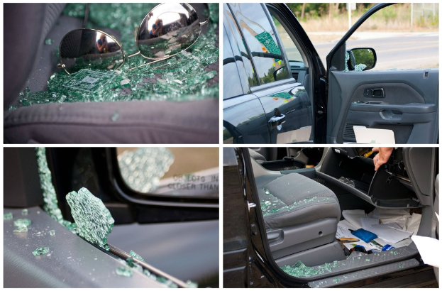 Eine Collage aus vier Bildern: Schutzbrille auf Glasscherben, eine Seitansicht eines Autos, ein zerbrochenes Autofenster und ein Autositz voller Glasscherben.