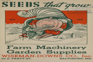 Ein Vintage-Plakat von Wiseman-Downs Co., Inc. mit verschiedenen Landmaschinen und Gartenzubehör sowie beschreibendem Text.