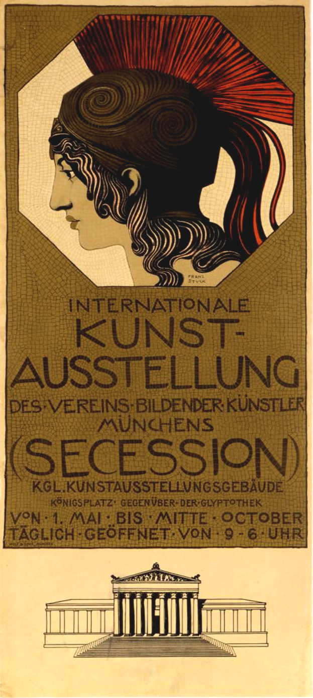 Ein Plakat für die Internationale Kunstausstellung in München, Deutschland, mit einer Frau mit einem menschlichen Gesicht in der Mitte und Text, der Informationen über das Ereignis liefert.
