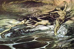 Gemälde mit dem Titel "Die Meerjungfrauen" von Arthur Rackham zeigt zwei Gestalten - eine Meerjungfrau in einem langen dunklen Kleid und eine Frau in einem smaragdgrünen Kleid - die in tiefblauen Ozeanwellen unter einer untergehenden Sonne schweben.