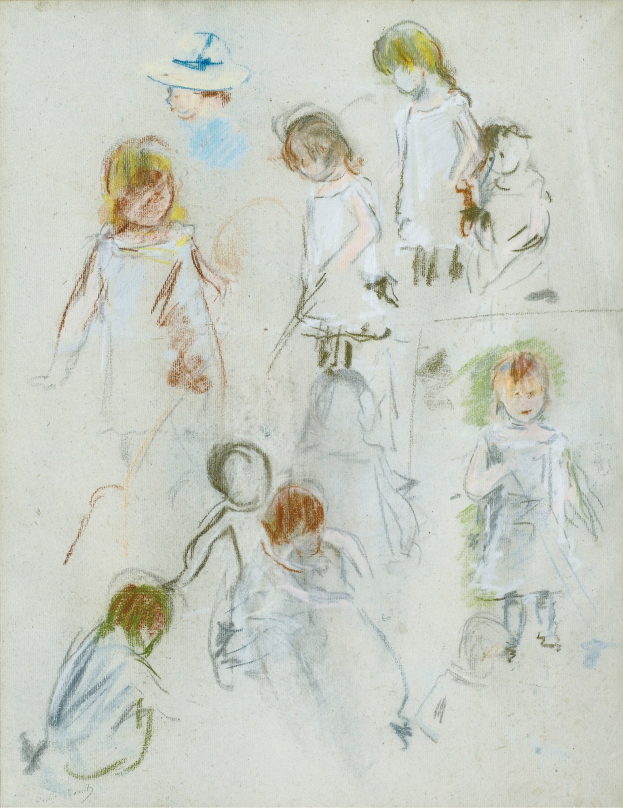 Malerei von Kindern, die auf einem Feld spielen, gerahmt, mit hellen, fröhlichen Farben und spielerischen Gesichtern.