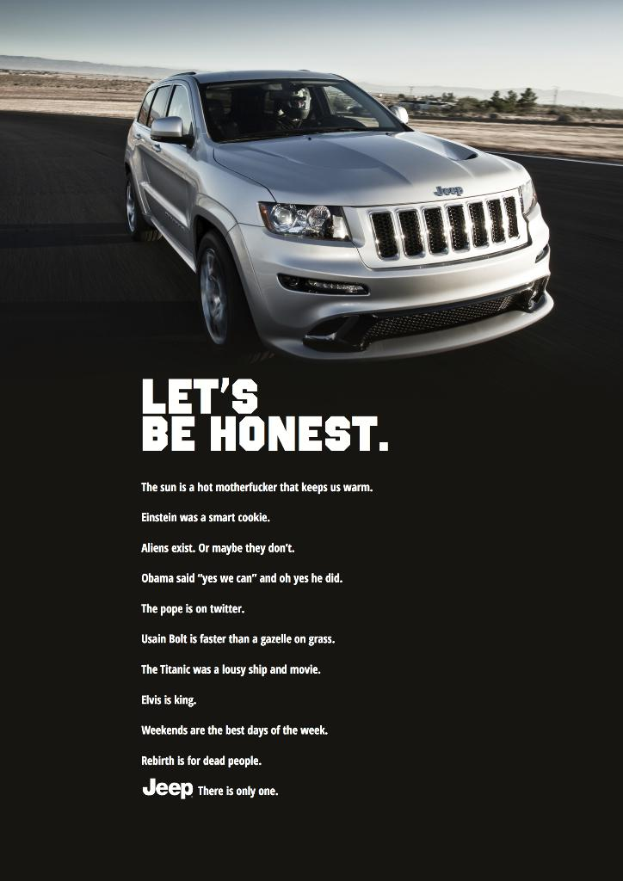 Ein Auto mit Textzitaten darunter in einem bearbeiteten Bild.