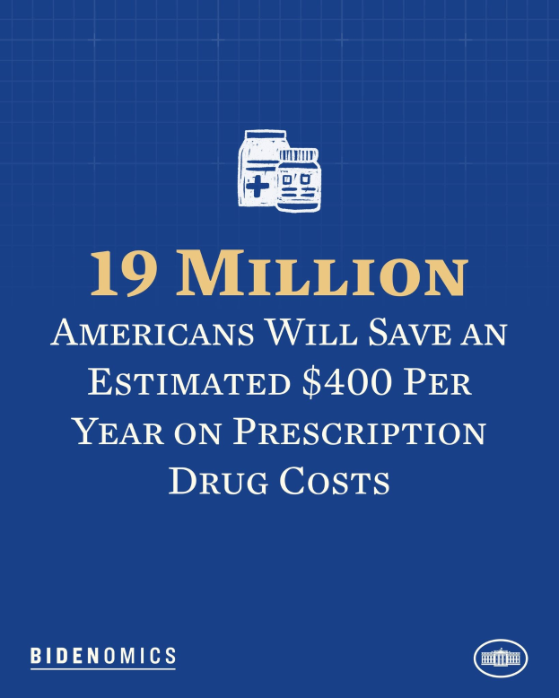 Blauer Hintergrund mit weißer Schrift und einem Logo, das '19 Millionen Amerikaner werden geschätzt jährlich 400 USD an Arzneimittelkosten sparen'.