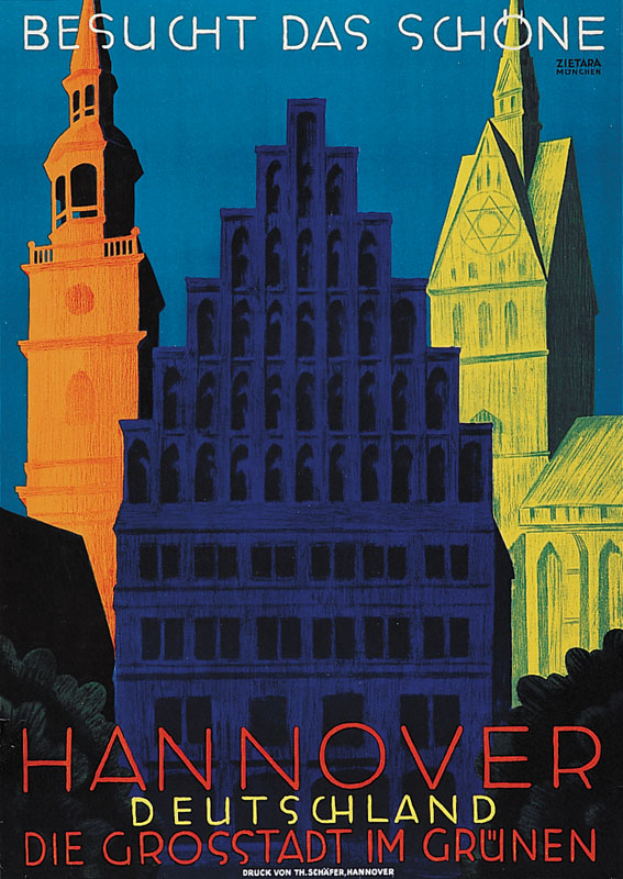 Ein Plakat, das Hannover, Deutschland, mit ein paar Gebäuden, Bäumen und Text zeigt, der Informationen über die Stadt enthält.