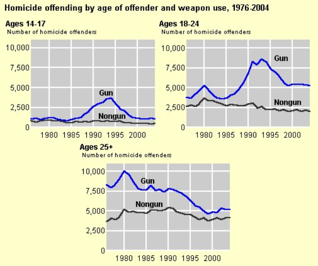 Graphik zeigt die Homicide-Offending-Rates nach Alter des Täters und Waffengebrauch von 1976 bis 2004 mit begleitendem erklärendem Text.