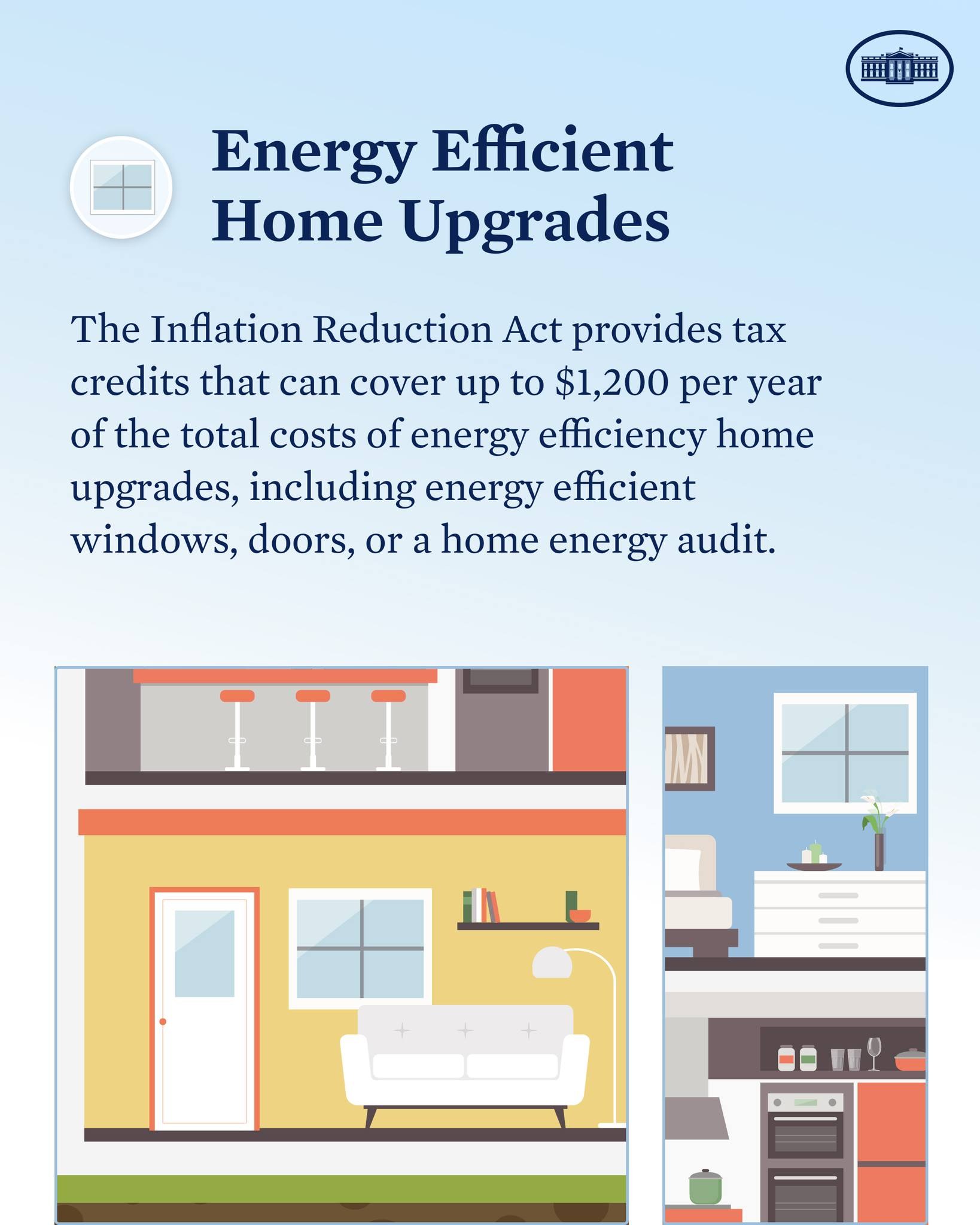 Plakat mit dem Titel "Energieeffiziente Heimverbesserungen", das Steuervergünstigungen für Heimverbesserungen wie Fenster, Türen oder Energieaudits auflistet, mit Bildern eines Hauses, einer Couch, einer Lampe, eines Schranks, einer Blume und anderer Gegenstände.