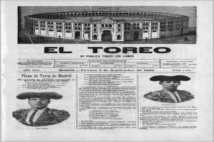 Eine alte Zeitung mit einem zentralen Bild eines Stierkampfs in einer Arena, umgeben von kleineren Bildern von Menschen in traditioneller Stierkampftracht und zugehörigem Text.