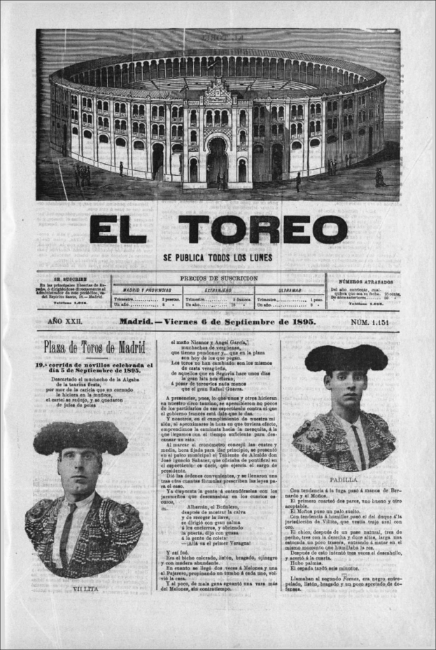 Eine alte Zeitung mit einem zentralen Bild eines Stierkampfs in einer Arena, umgeben von kleineren Bildern von Menschen in traditioneller Stierkampftracht und zugehörigem Text.