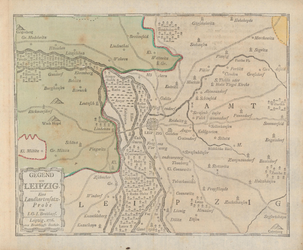 Ein detaillierter alter Stadtplan von Leipzig, Deutschland, der Straßen, Gebäude und Sehenswürdigkeiten mit Textbeschriftungen zeigt.