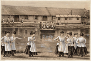 Eine Gruppe von Frauen steht zusammen nahe einem Gewässer, eine hält eine Angelrute, mit Häusern, Bäumen und Gras im Hintergrund und Text am unteren Rand des Bildes.