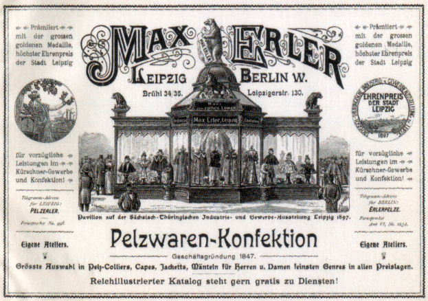 Eine alte Werbung für Max Erler Leipzig in Berlin, Deutschland, die eine Gruppe von Menschen vor einem Gebäude zeigt, mit Text, der ein Ereignis ankündigt.