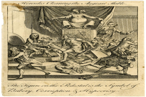 Ein Plakat mit einer Zeichnung einer Gruppe von Menschen in einem Raum mit einer Person auf einem Stuhl in der Mitte und einem Text unten, der lautet "Die Person auf dem Sockel ist das Symbol für Bestechung, Korruption und Heuchelei."