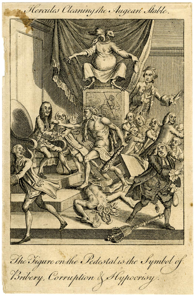 Ein Plakat mit einer Zeichnung einer Gruppe von Menschen in einem Raum mit einer Person auf einem Stuhl in der Mitte und einem Text unten, der lautet "Die Person auf dem Sockel ist das Symbol für Bestechung, Korruption und Heuchelei."