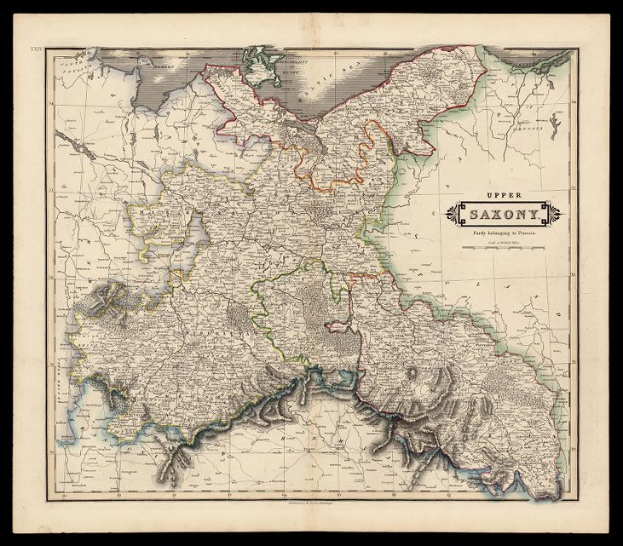 Ein detailliertes altes Saxony-Karte, Deutschland, auf einem schwarzen Hintergrund, zeigt Provinzen, Städte und geografische Merkmale mit begleitendem Text.