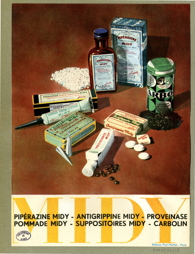 Plakat mit verschiedenen Medikamenten wie Flaschen und Schachteln mit Text unten lesbar "Piperazine Midy - Antigripine Midy Provence".