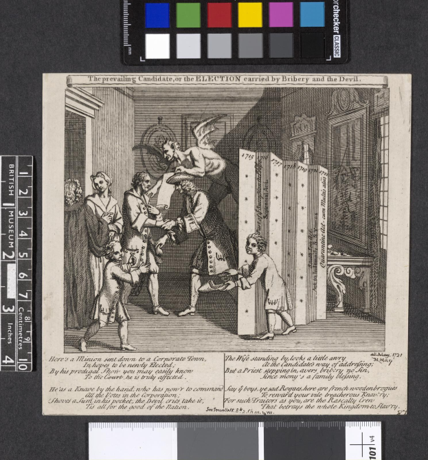 Ein Schwarz-Weiß-Stich von einer Gruppe von Menschen in einem Raum, die sich um ein zentrales Papier mit Text- und Farboptionen an der Spitze versammeln, symbolisiert eine korrupte Wahl.