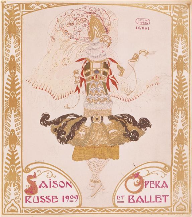 Plakat für eine 1909er Pariser Ballettvorstellung namens "Saison Russe", das eine gemalte Figur in einer anmutigen Pose mit der Aufschrift "Opera et Ballet" darüber zeigt.