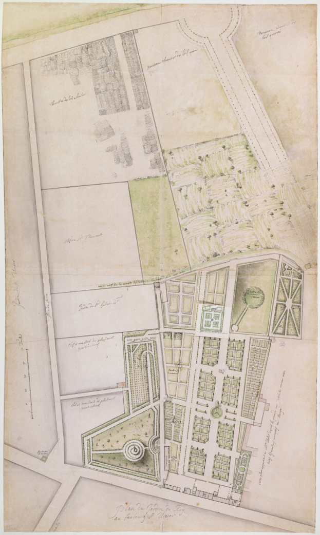 Ausführlicher Stadtplan auf Papier, der Gebäude, Bäume, Straßen, Parks und Sehenswürdigkeiten mit begleitendem Text zeigt.