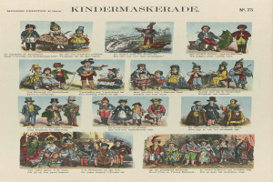 Ein Buch mit bunten Bildern von Kindern in verschiedenen Kostümen, darunter Masken und Hüte, mit begleitendem Text, der wahrscheinlich die Kostüme beschreibt.