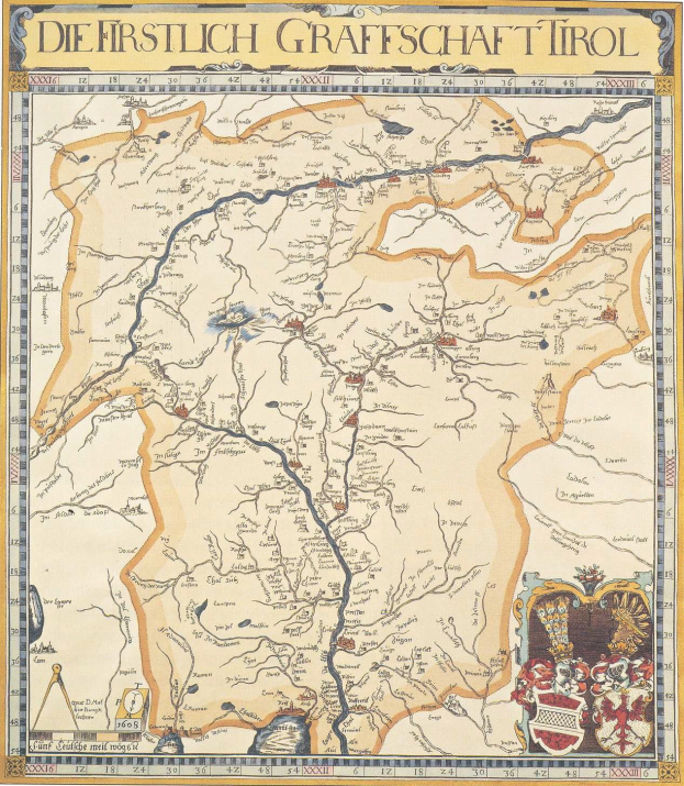 Ein detailliertes historisches Plakat der ersten deutschen Grafschaft Tirol-Karte, das geografische Merkmale wie Flüsse, Berge und Städte zeigt und von erklärendem Text begleitet wird.