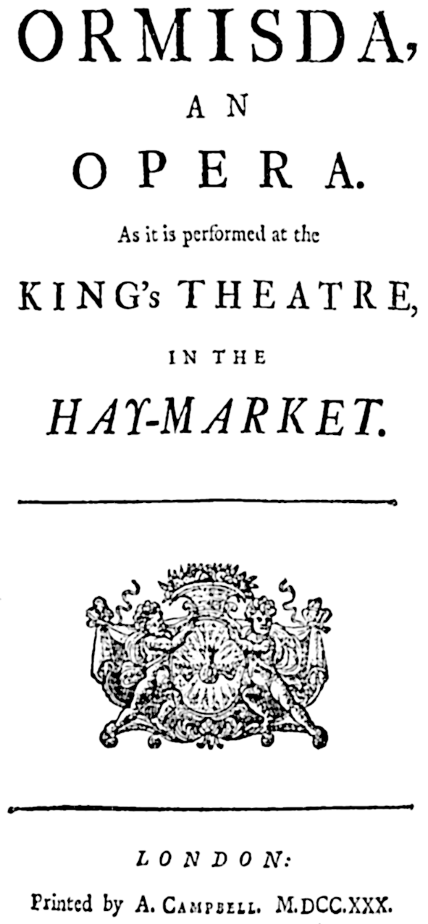 Ein Plakat mit der Aufschrift "ormisda, eine Oper, wie sie im King's Theatre im Haymarket aufgeführt wird" und einem Logo unten.