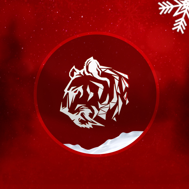 Ein weißer Tiger in einer runden Form mit offenem Mund, der brüllt, vor einem roten Hintergrund mit verstreuten Schneeflocken.