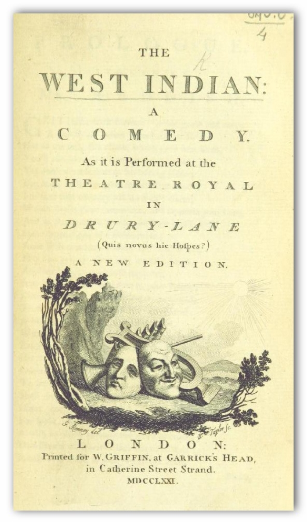 Ein Plakat f├╝r 'The West Indian Comedy' im Theatre Royal in Drury Lane, das ein Schwarz-Wei├č-Bild eines Mannes mit Zylinder und einer Frau in einem langen Kleid zeigt, die beide l├Ącheln und in die Kamera blicken, mit der ├╝berdimensionalen, weißen Schrift 'The West Indian Comedy'.