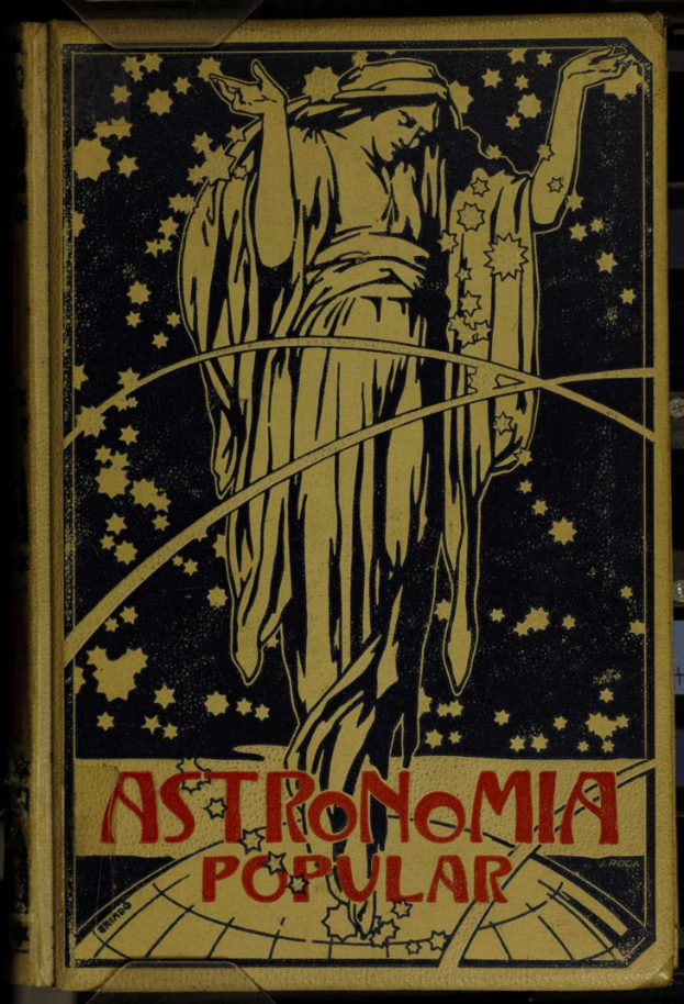 Ein Buchumschlag mit einer Person in einem weißen Hemd mit ernstem Gesichtsausdruck vor einem tiefblauen Nachthimmel mit Sternen, betitelt mit "Populäre Astronomie" in fetter Schrift.