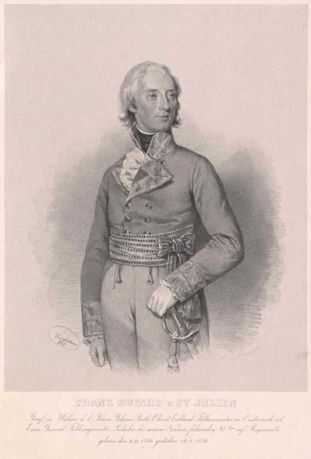 Eine Zeichnung eines Mannes in militärischer Uniform, identifiziert als Franz Guyaard, der König der Niederlande, der steht und ein Schwert hält, mit Text unten, der 'Franz Guyaards, König von Belgien' lautet.