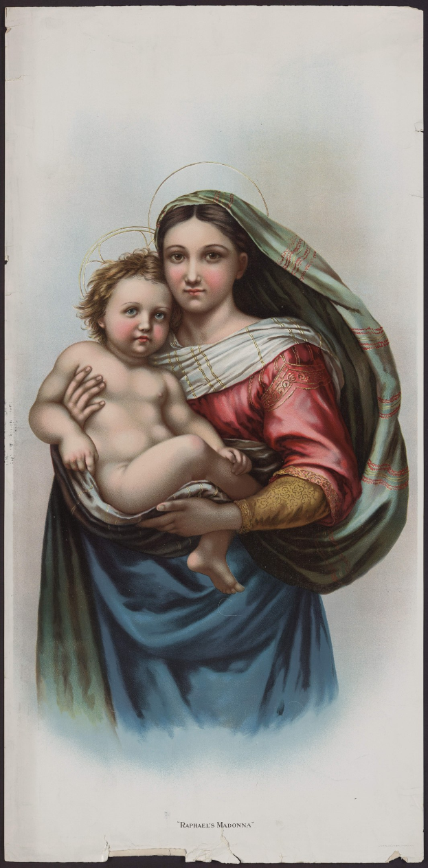 Eine Frau in einem roten und blauen Kleid wiegt ein Baby, ihre Augen sind geschlossen und ihre Lippen leicht geöffnet, mit ihrem Haar zu einem Dutt zurückgebunden.