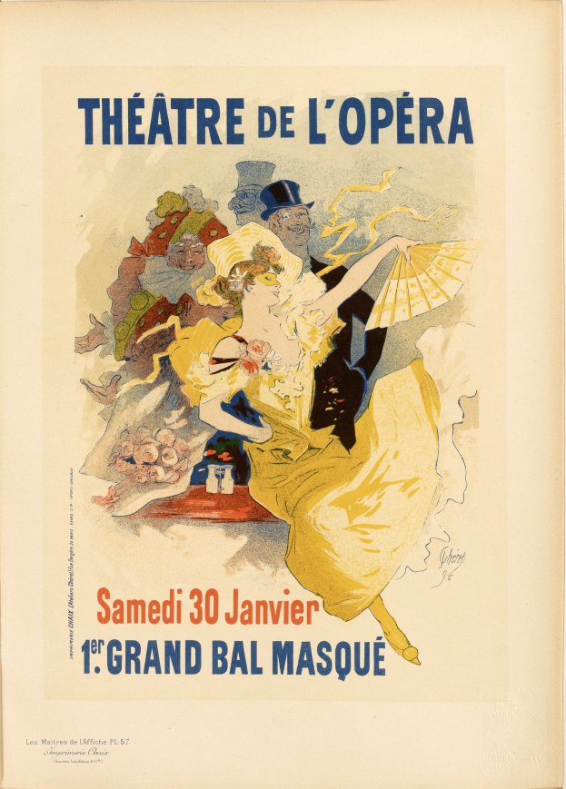 Plakat für das Théâtre de l'Opéra in Paris mit einer Frau in einem weißen Kleid mit einem blauen Schal, ihre Haare zu einem Dutt gebunden, vor einem tiefblauen Hintergrund mit Sternen und schwarzer Schrift, die "Theater der Oper" lautet.