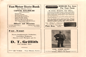 Schwarze und weiße Anzeige für die Van Meter State Bank mit einem Mann im Anzug und Hut, Text zur Darstellung der Dienstleistungen der Bank.