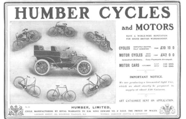 Eine Werbung für Humber Cycles and Motors, die verschiedene Fahrzeuge und Fahrräder zeigt.