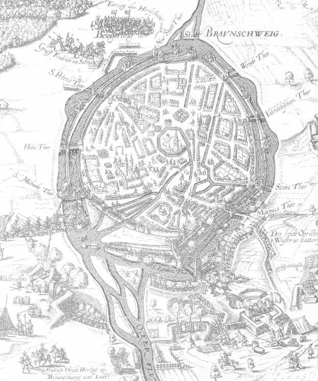 Eine Schwarz-Weiß-Karte von Braunschweig, Deutschland, mit Straßen, Gebäuden und anderen Merkmalen, überlagert mit Text.