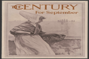 Eine Frau in einem weißen Kleid und einer blauen Stola hält einen Korb, mit dem Text "Das Jahrhundert für September" darüber, vor einem sternenklaren Nachthimmel.