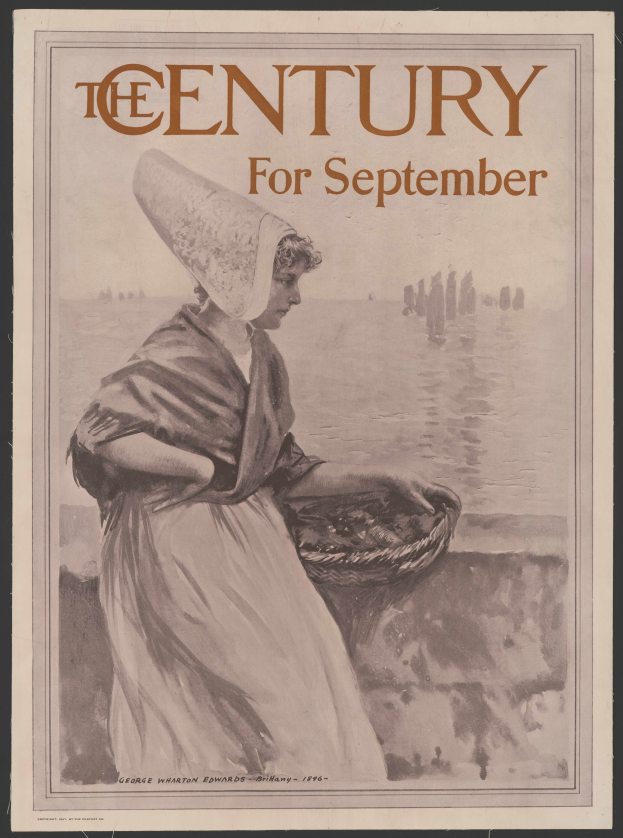 Eine Frau in einem weißen Kleid und einer blauen Stola hält einen Korb, mit dem Text "Das Jahrhundert für September" darüber, vor einem sternenklaren Nachthimmel.