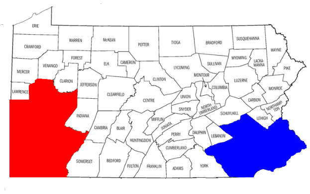 Eine Karte von Pennsylvania mit in rot und blau hervorgehobenen Countys, beschriftet mit "Pennsylvania Election Results".