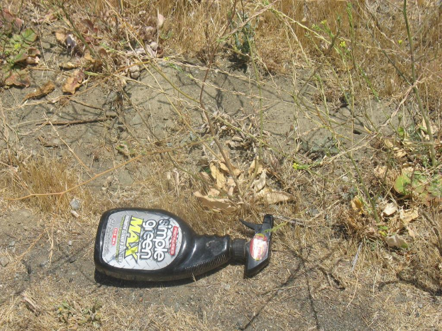 Eine Flasche liegt auf dem Boden zwischen Pflanzen, trockenem Gras und Erde, mit sichtbarem Text auf der Flasche.