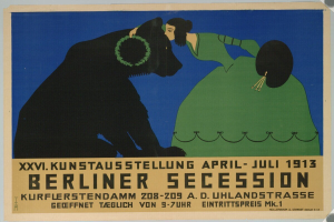 Ein Vintage-Plakat für die Berliner Secession im Jahr 1913, das eine Frau mit einem Hund zeigt, mit Text zu den Veranstaltungseinzelheiten.