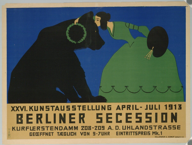Ein Vintage-Plakat für die Berliner Secession im Jahr 1913, das eine Frau mit einem Hund zeigt, mit Text zu den Veranstaltungseinzelheiten.