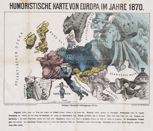 Ein Plakat mit der Aufschrift "Humoristische Karte von Europa im Jahre 1870", das eine Karte von Europa mit Cartoon-Illustrationen und Text umgibt.