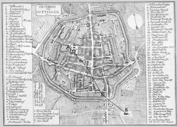 Eine Schwarz-Weiß-Detailkarte von Göttingen, Deutschland, die Straßen, Gebäude und Sehenswürdigkeiten mit Textbeschriftungen zeigt.