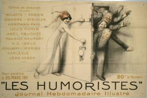 Ein Plakat an einer Gebäudewand mit einer Gruppe lachender und fröhlicher Menschen und der großen Schrift "Les Humoristes Journal Hebdomadaire Illustré" oben.