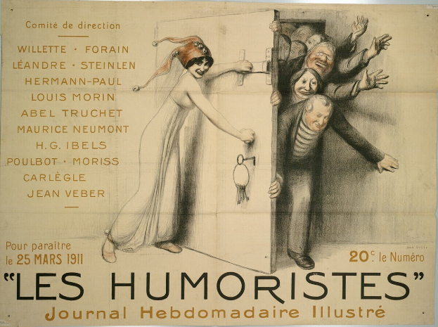 Ein Plakat an einer Gebäudewand mit einer Gruppe lachender und fröhlicher Menschen und der großen Schrift "Les Humoristes Journal Hebdomadaire Illustré" oben.