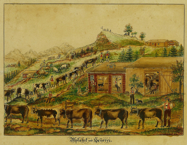 Ein Gemälde, das eine Farmszene mit Kühen zeigt, die im Vordergrund grasen, umgeben von Häusern, Bäumen, Hügeln und Menschen, mit Text unten.