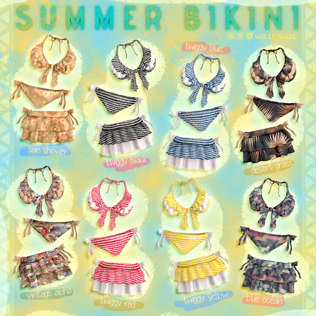 Eine Sammlung von BHs, Slips und Röcken mit Text darüber.