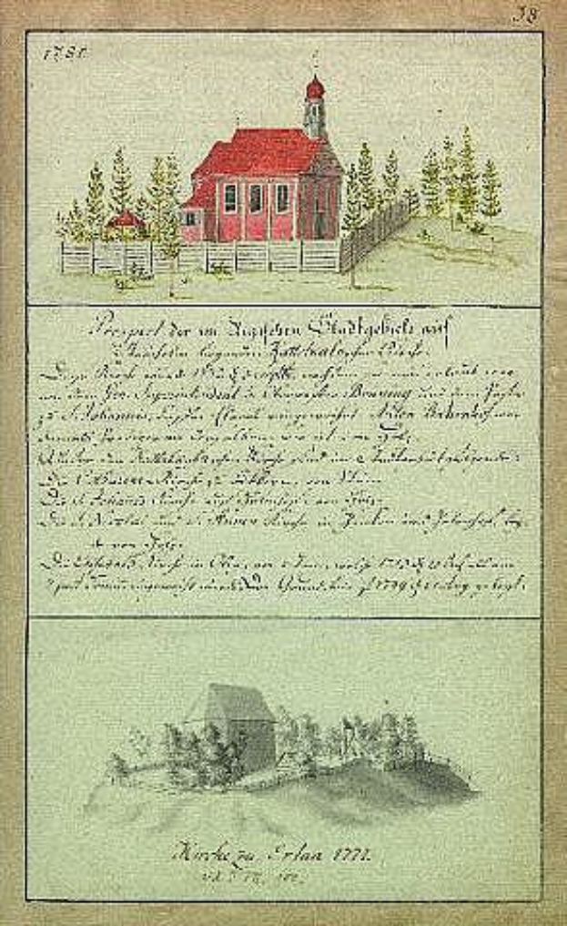 Ein altes Buch mit einer Zeichnung eines roten Hauses, das von Bäumen und einem Zaun umgeben ist, beschriftet mit 'Deutsche Schule in den Niederlanden, 1777'.