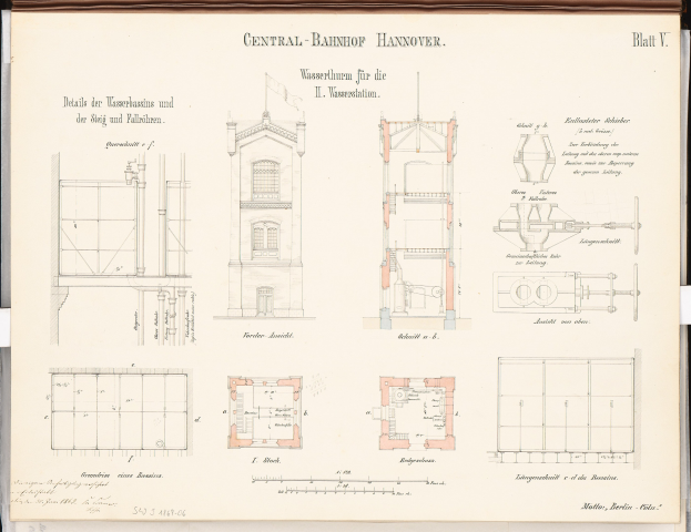 Titelbild eines Buches mit einer detaillierten architektonischen Zeichnung des Central Bahnhof Hannover-Gebäudes mit sichtbaren Fenstern, Türen und strukturellen Elementen sowie begleitendem Text über die Gestaltung.