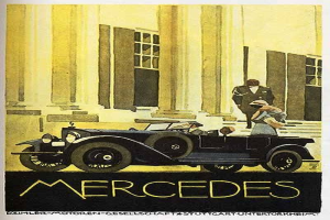 Vintage-Plakat aus den 1920er-Jahren mit einem Mercedes-Benz-Auto mit zwei Insassen vor einem modernen Gl├Ąserturm, mit 'Mercedes-Benz'-Text unten.